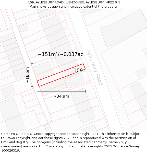 109, AYLESBURY ROAD, WENDOVER, AYLESBURY, HP22 6JN: Plot and title map