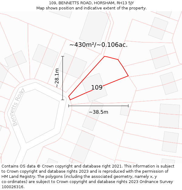 109, BENNETTS ROAD, HORSHAM, RH13 5JY: Plot and title map