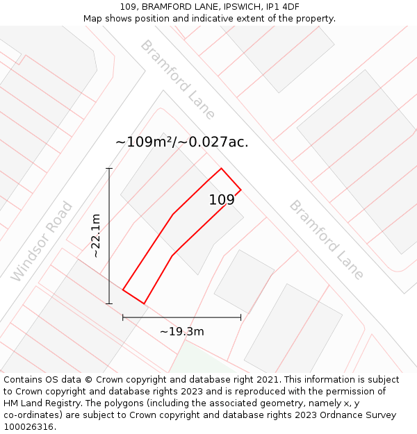 109, BRAMFORD LANE, IPSWICH, IP1 4DF: Plot and title map