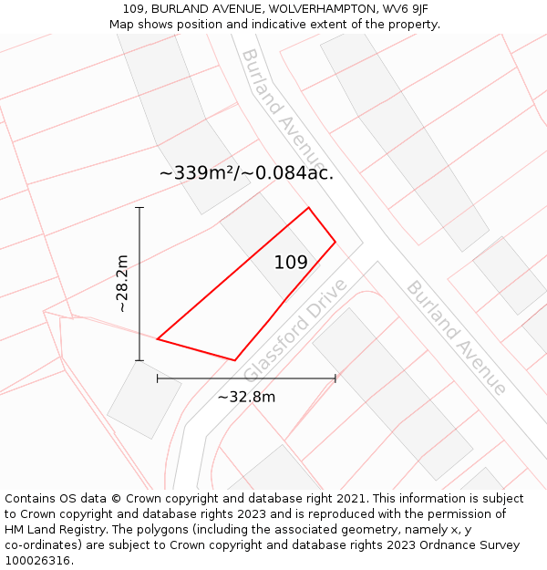 109, BURLAND AVENUE, WOLVERHAMPTON, WV6 9JF: Plot and title map