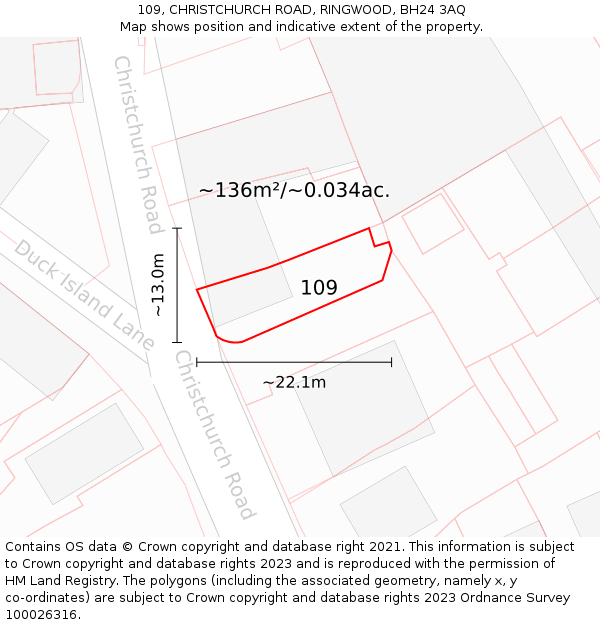 109, CHRISTCHURCH ROAD, RINGWOOD, BH24 3AQ: Plot and title map