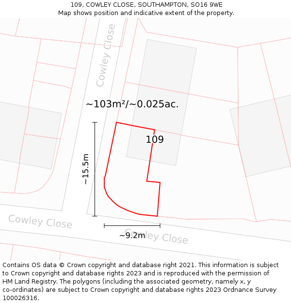 109, COWLEY CLOSE, SOUTHAMPTON, SO16 9WE: Plot and title map