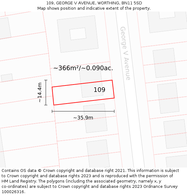 109, GEORGE V AVENUE, WORTHING, BN11 5SD: Plot and title map