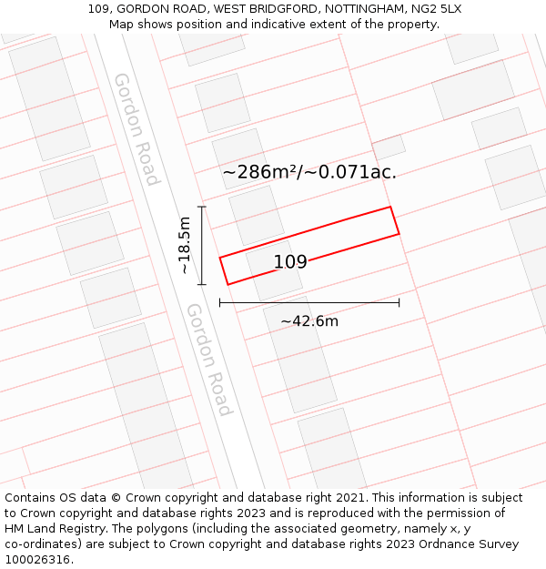 109, GORDON ROAD, WEST BRIDGFORD, NOTTINGHAM, NG2 5LX: Plot and title map