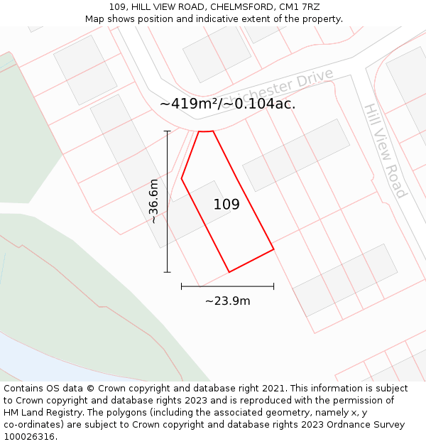 109, HILL VIEW ROAD, CHELMSFORD, CM1 7RZ: Plot and title map