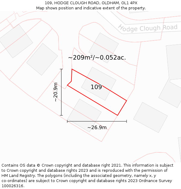 109, HODGE CLOUGH ROAD, OLDHAM, OL1 4PX: Plot and title map