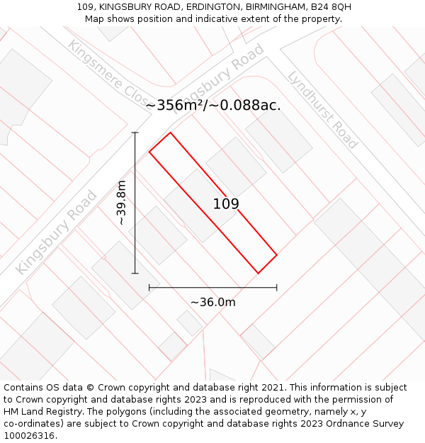 109, KINGSBURY ROAD, ERDINGTON, BIRMINGHAM, B24 8QH: Plot and title map