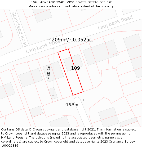 109, LADYBANK ROAD, MICKLEOVER, DERBY, DE3 0PF: Plot and title map