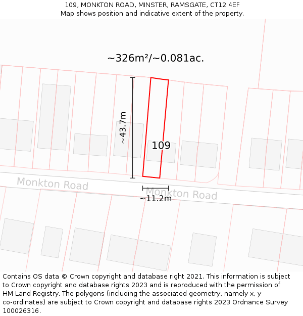 109, MONKTON ROAD, MINSTER, RAMSGATE, CT12 4EF: Plot and title map