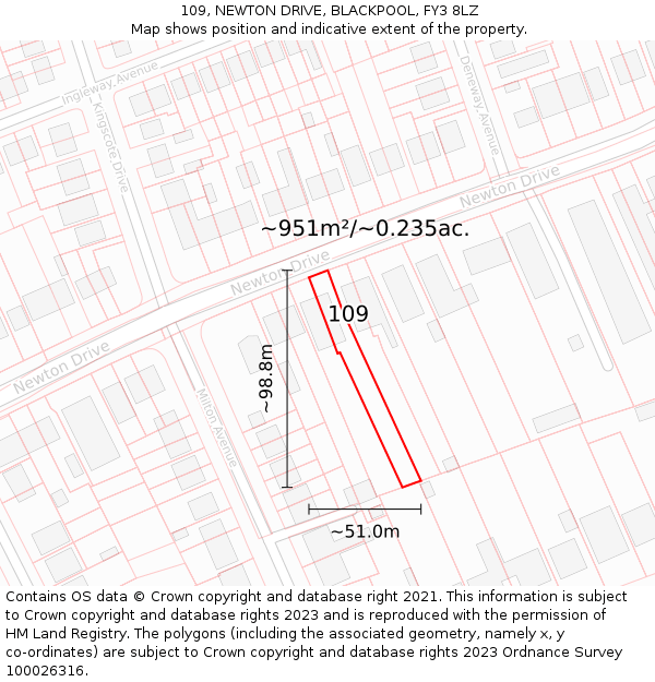 109, NEWTON DRIVE, BLACKPOOL, FY3 8LZ: Plot and title map