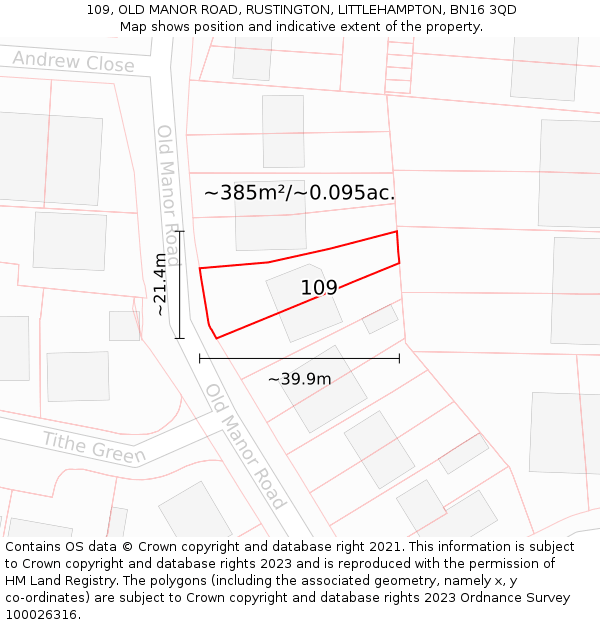 109, OLD MANOR ROAD, RUSTINGTON, LITTLEHAMPTON, BN16 3QD: Plot and title map