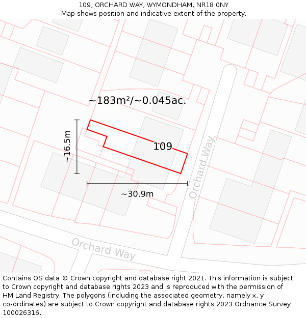 109, ORCHARD WAY, WYMONDHAM, NR18 0NY: Plot and title map