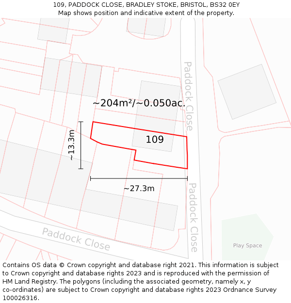 109, PADDOCK CLOSE, BRADLEY STOKE, BRISTOL, BS32 0EY: Plot and title map