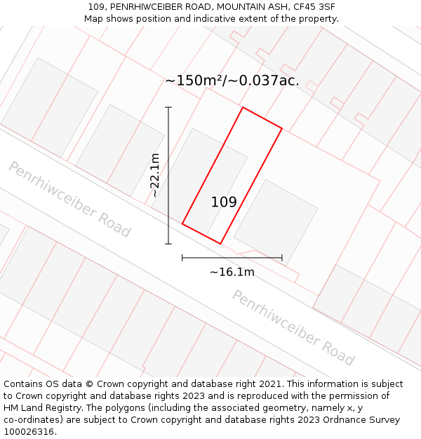 109, PENRHIWCEIBER ROAD, MOUNTAIN ASH, CF45 3SF: Plot and title map