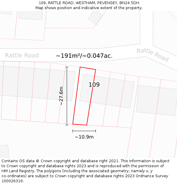 109, RATTLE ROAD, WESTHAM, PEVENSEY, BN24 5DH: Plot and title map