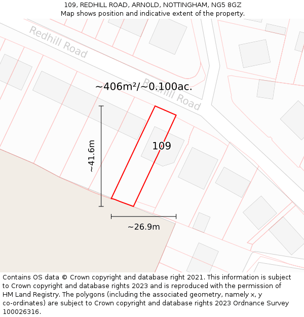 109, REDHILL ROAD, ARNOLD, NOTTINGHAM, NG5 8GZ: Plot and title map