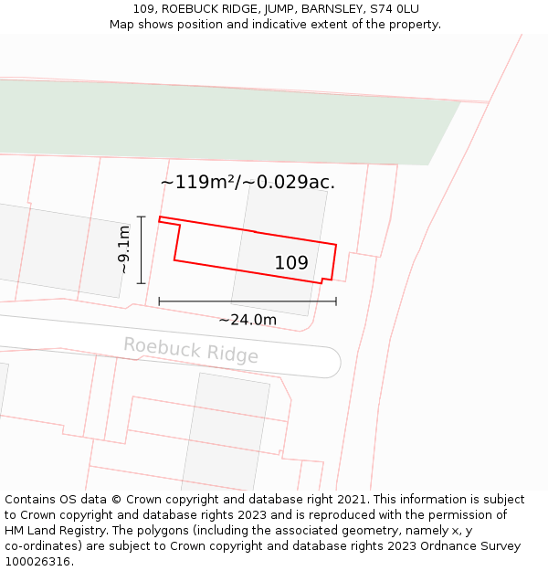 109, ROEBUCK RIDGE, JUMP, BARNSLEY, S74 0LU: Plot and title map