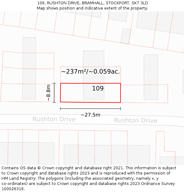 109, RUSHTON DRIVE, BRAMHALL, STOCKPORT, SK7 3LD: Plot and title map