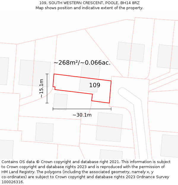 109, SOUTH WESTERN CRESCENT, POOLE, BH14 8RZ: Plot and title map