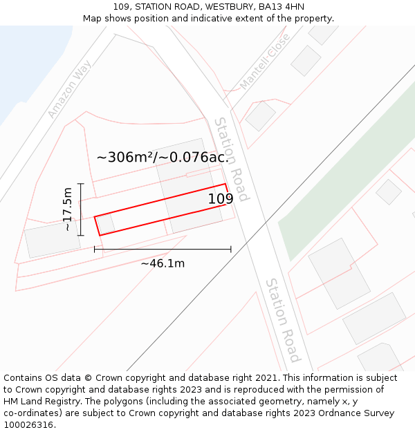 109, STATION ROAD, WESTBURY, BA13 4HN: Plot and title map