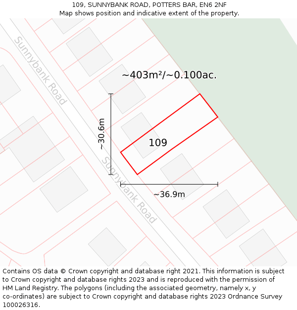 109, SUNNYBANK ROAD, POTTERS BAR, EN6 2NF: Plot and title map