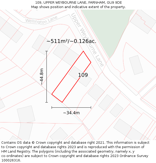 109, UPPER WEYBOURNE LANE, FARNHAM, GU9 9DE: Plot and title map