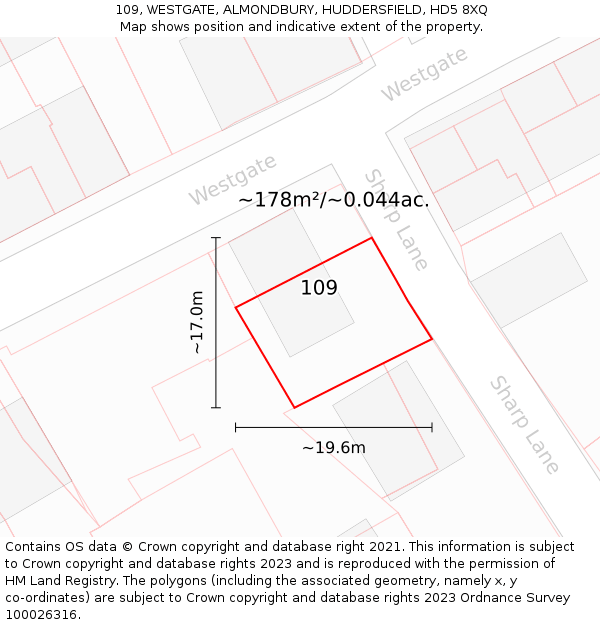 109, WESTGATE, ALMONDBURY, HUDDERSFIELD, HD5 8XQ: Plot and title map