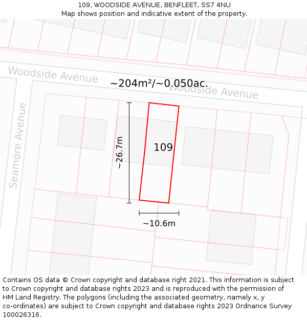 109, WOODSIDE AVENUE, BENFLEET, SS7 4NU: Plot and title map