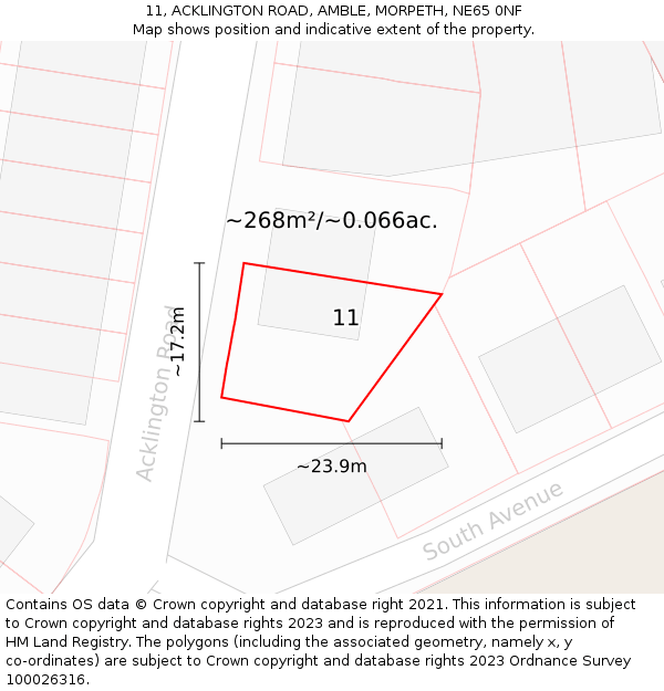 11, ACKLINGTON ROAD, AMBLE, MORPETH, NE65 0NF: Plot and title map