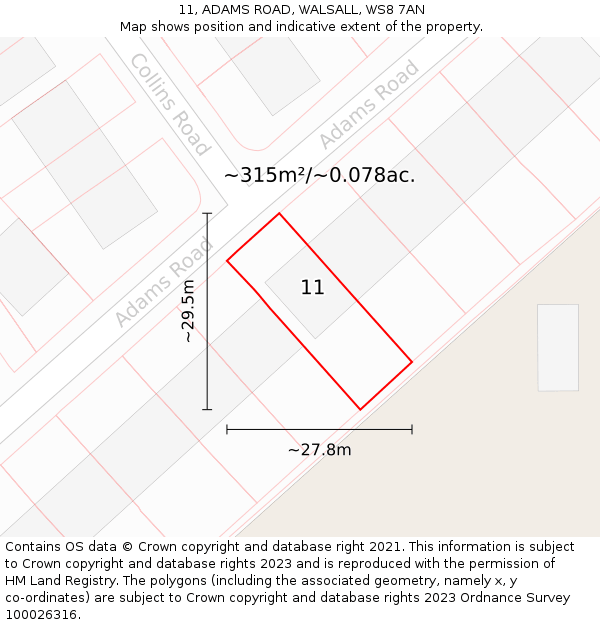 11, ADAMS ROAD, WALSALL, WS8 7AN: Plot and title map