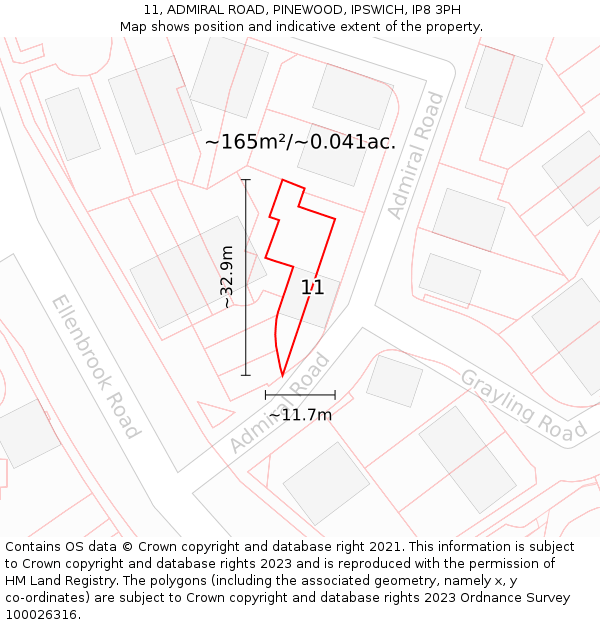 11, ADMIRAL ROAD, PINEWOOD, IPSWICH, IP8 3PH: Plot and title map