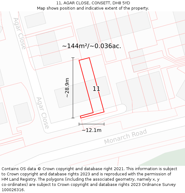 11, AGAR CLOSE, CONSETT, DH8 5YD: Plot and title map