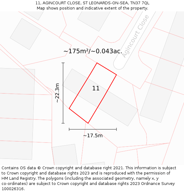 11, AGINCOURT CLOSE, ST LEONARDS-ON-SEA, TN37 7QL: Plot and title map