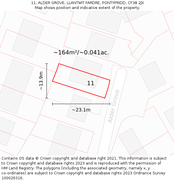 11, ALDER GROVE, LLANTWIT FARDRE, PONTYPRIDD, CF38 2JX: Plot and title map