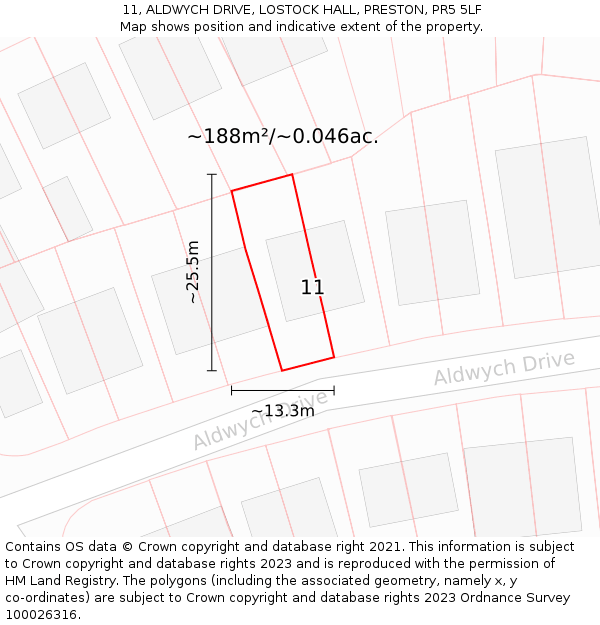 11, ALDWYCH DRIVE, LOSTOCK HALL, PRESTON, PR5 5LF: Plot and title map