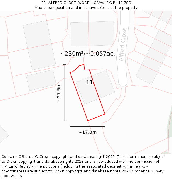 11, ALFRED CLOSE, WORTH, CRAWLEY, RH10 7SD: Plot and title map