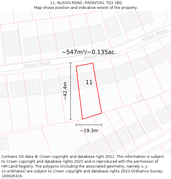 11, ALISON ROAD, PAIGNTON, TQ3 1BQ: Plot and title map