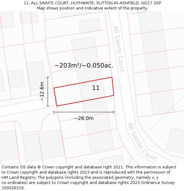 11, ALL SAINTS COURT, HUTHWAITE, SUTTON-IN-ASHFIELD, NG17 2SP: Plot and title map