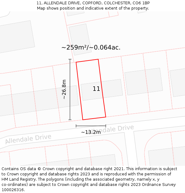 11, ALLENDALE DRIVE, COPFORD, COLCHESTER, CO6 1BP: Plot and title map