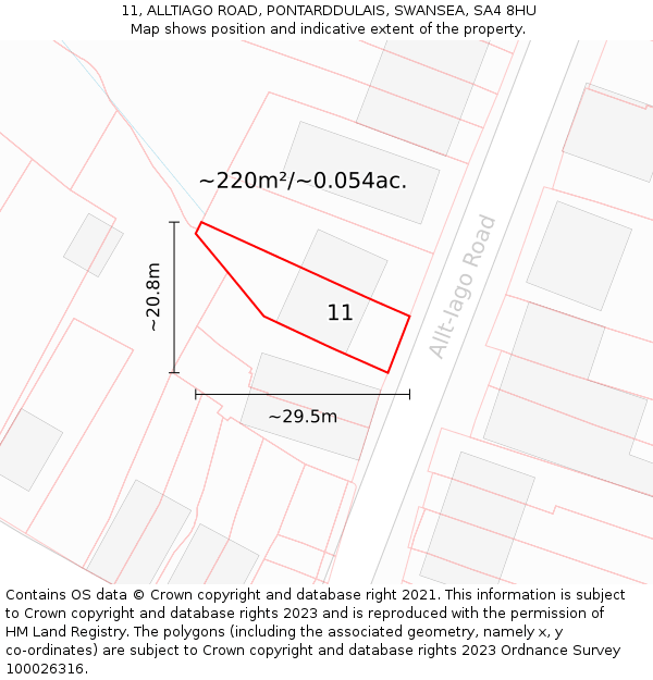 11, ALLTIAGO ROAD, PONTARDDULAIS, SWANSEA, SA4 8HU: Plot and title map