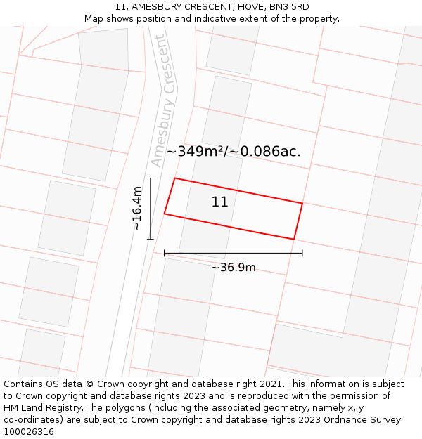 11, AMESBURY CRESCENT, HOVE, BN3 5RD: Plot and title map