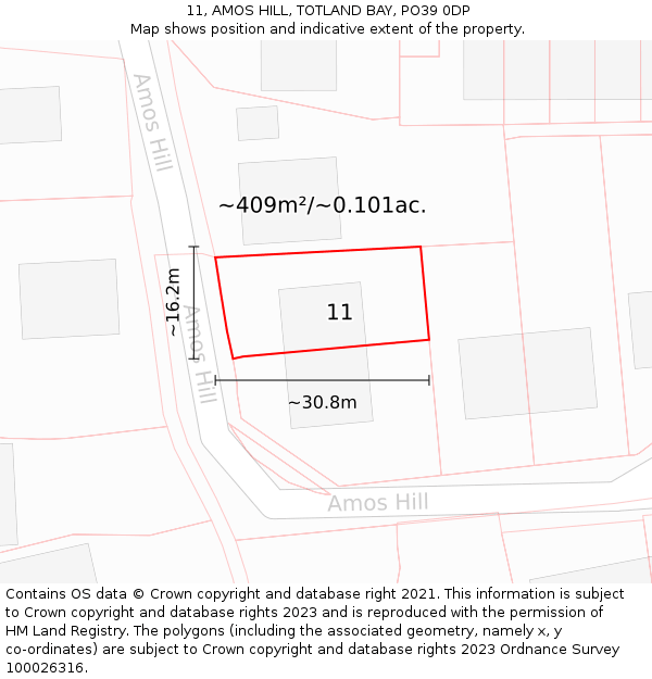 11, AMOS HILL, TOTLAND BAY, PO39 0DP: Plot and title map