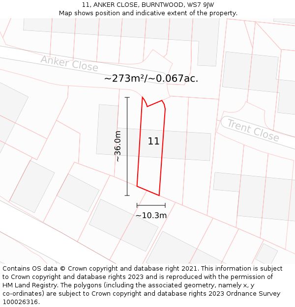 11, ANKER CLOSE, BURNTWOOD, WS7 9JW: Plot and title map