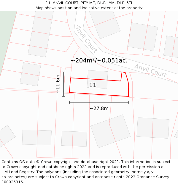 11, ANVIL COURT, PITY ME, DURHAM, DH1 5EL: Plot and title map