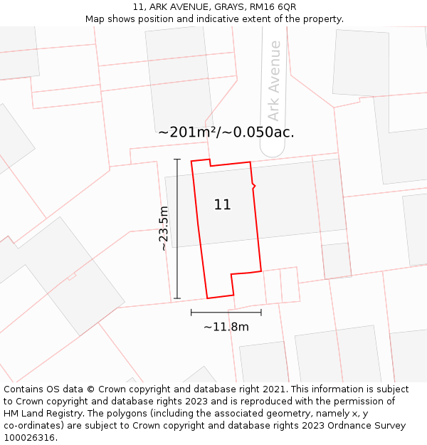 11, ARK AVENUE, GRAYS, RM16 6QR: Plot and title map