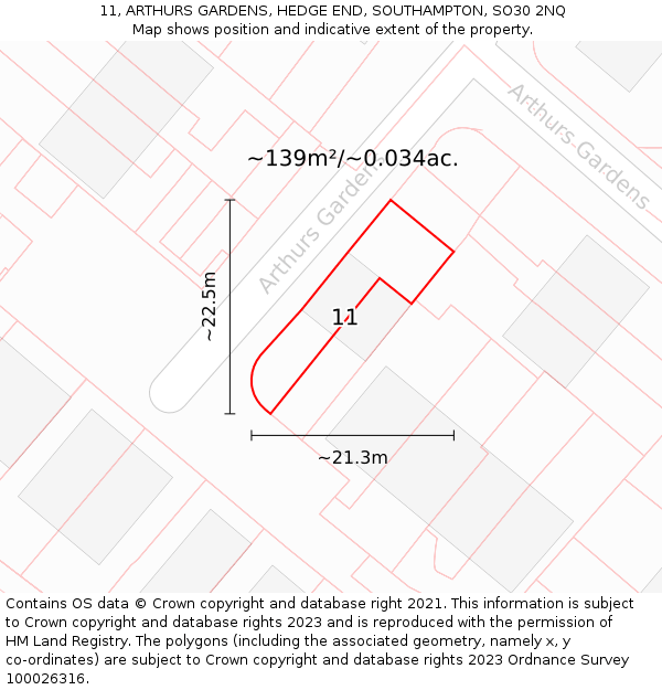 11, ARTHURS GARDENS, HEDGE END, SOUTHAMPTON, SO30 2NQ: Plot and title map