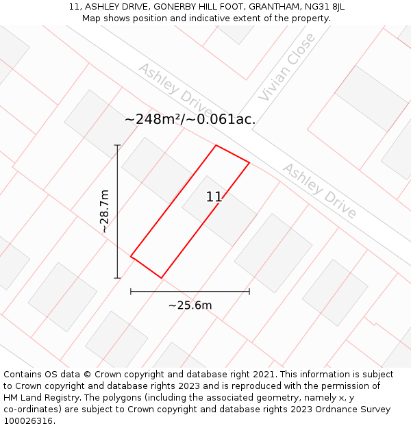 11, ASHLEY DRIVE, GONERBY HILL FOOT, GRANTHAM, NG31 8JL: Plot and title map