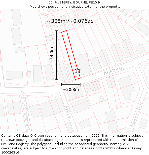 11, AUSTERBY, BOURNE, PE10 9JJ: Plot and title map