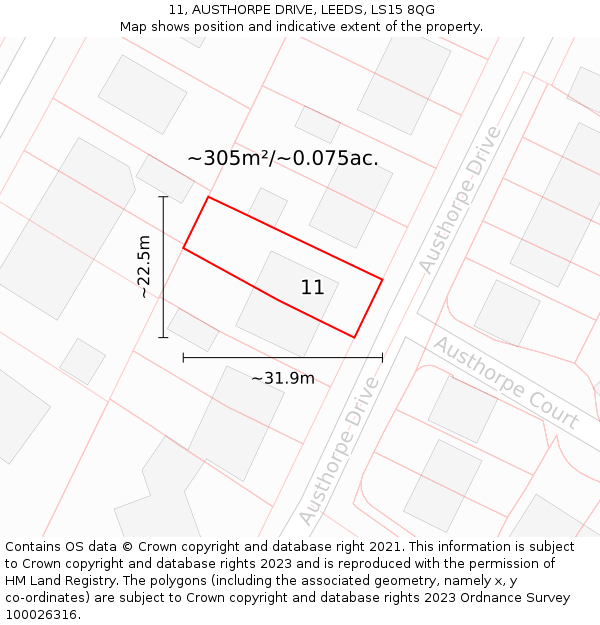 11, AUSTHORPE DRIVE, LEEDS, LS15 8QG: Plot and title map