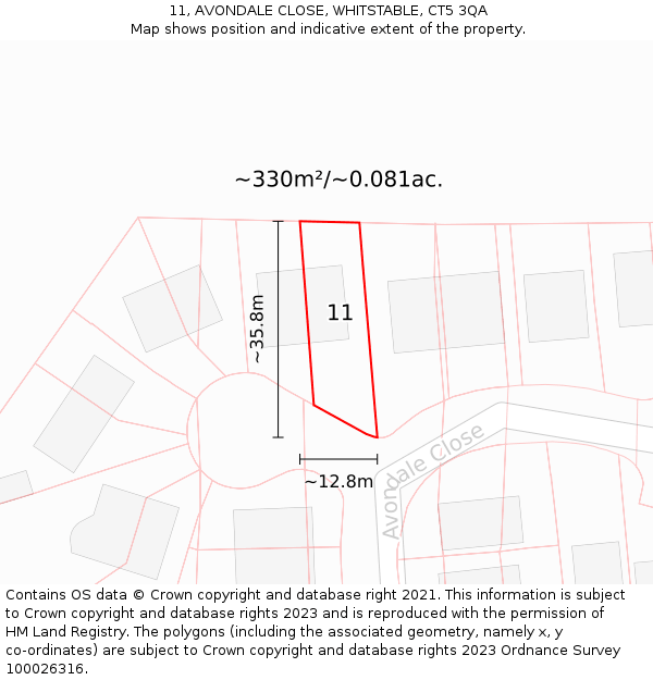 11, AVONDALE CLOSE, WHITSTABLE, CT5 3QA: Plot and title map